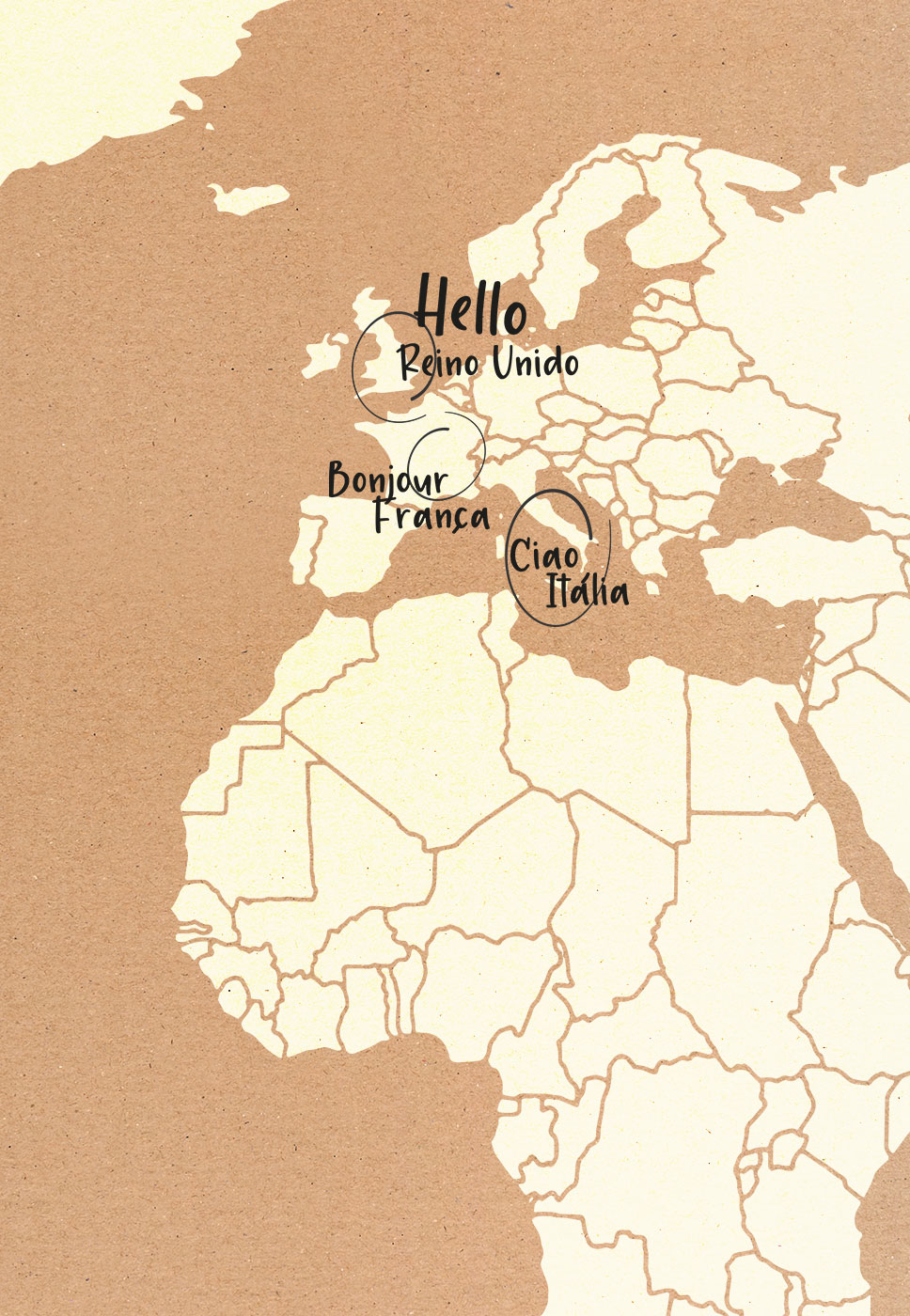 Mapa da Europa com Reino Unido, França e Itália destacados e legendados com saudações nos seus idiomas.