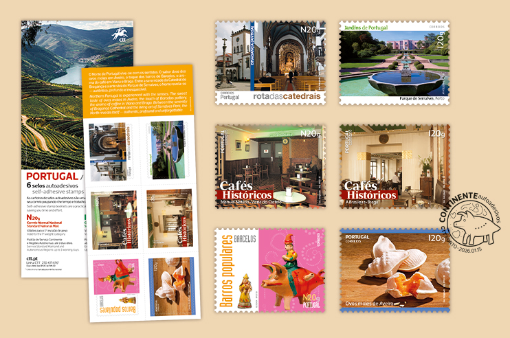 6 selos dedicados ao Norte: ovos moles de aveiro, barros de barcelos, Catedral de Bragança  e Serralves