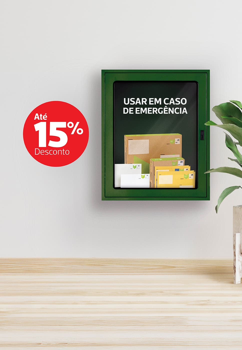 Caixa de emergência com produtos de Correio Verde e onde se pode ler 