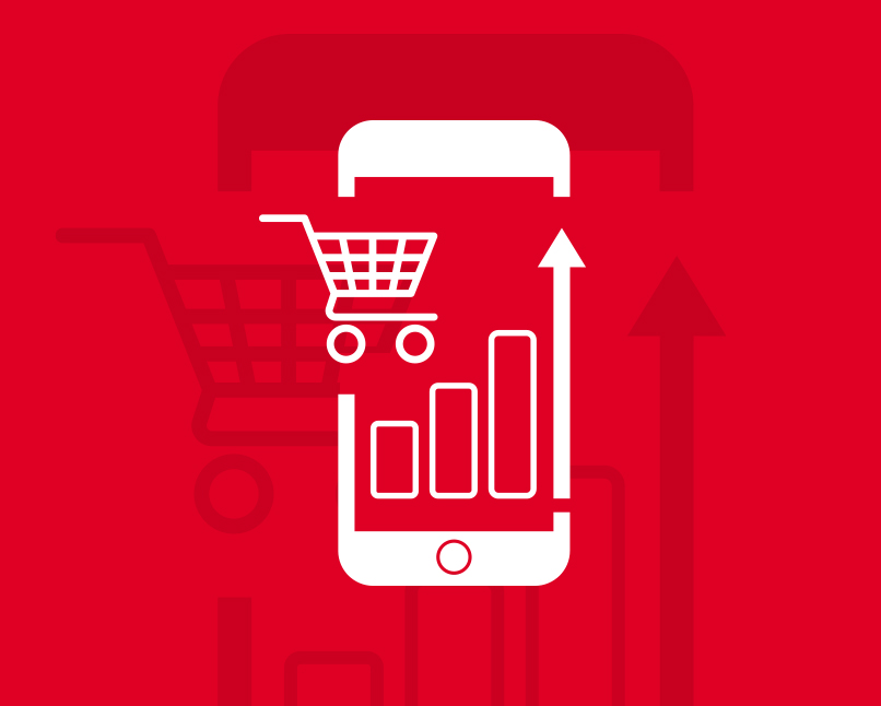 ícone de um telemóvel, um carrinho de compras e um gráfico.