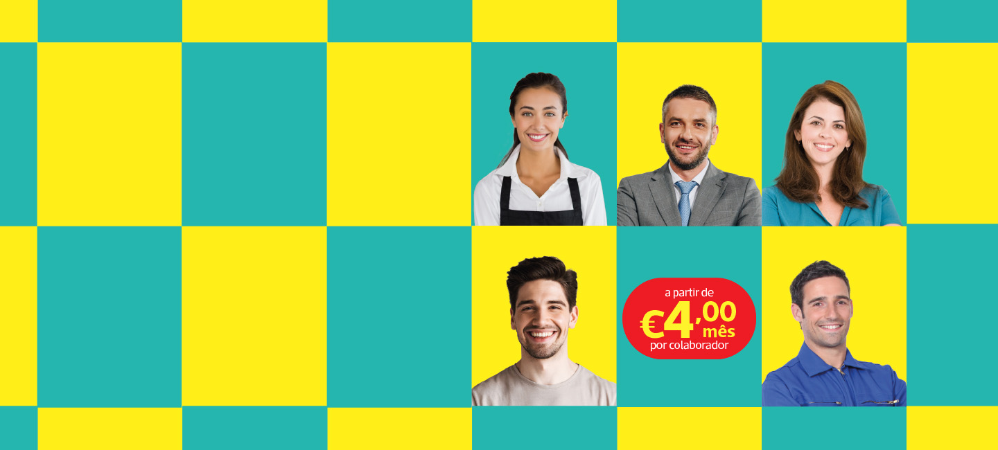 Fundo amarelo e azul aos quadrados com quatros pessoas, e preço de 4,99 euros por cada colaborador