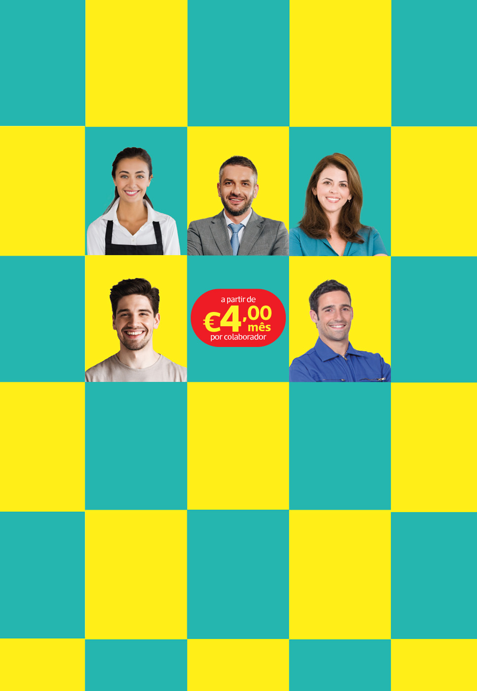 Fundo amarelo e azul aos quadrados com quatros pessoas, e preço de 4,99 euros por cada colaborador