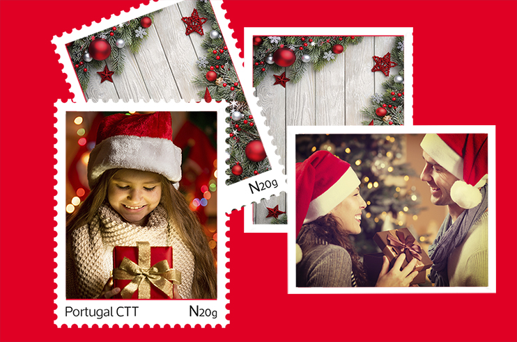 diversas imagens natalícias, casal, criança em forma de selo ou postal